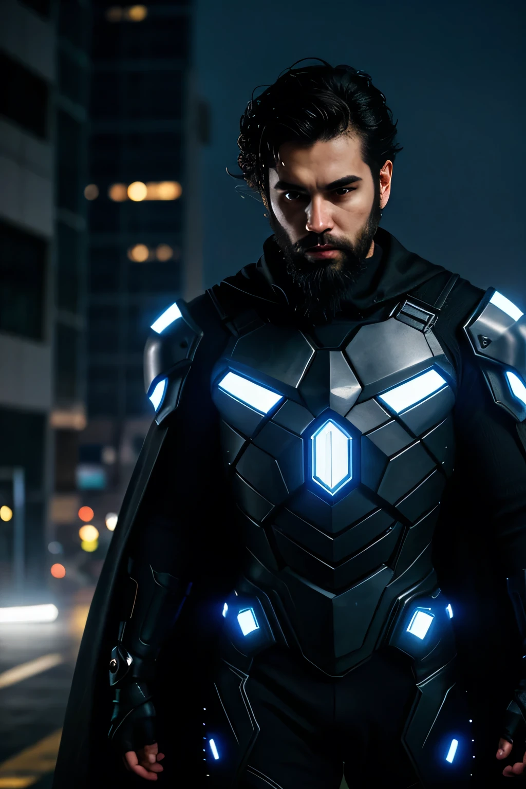 A young adult man with a beard and short, curly black hair with a gradient, He is wearing a dark gray futuristic superhero armor with blue LEDs, he is holding a mask in his hands and also wears futuristic bracelets and a blue cape; he is looking at the ground with a pained expression the environment around him is a futuristic environment in the middle of intense rain with low lighting and blue neons