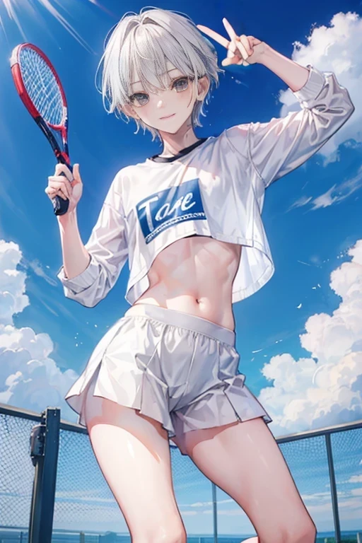 1 boy、Gray Hair、Brown eyes、White shirt、Tennis Wear、Under the blue sky、17 years old、Parted bangs、short hair, Best image quality、Eye highlights、tennis racket、Thin eyebrows、White Hair、whole body、Thighs、Beautiful legs、Hair splashed outside、Clear Eyes、peace sign、Wink