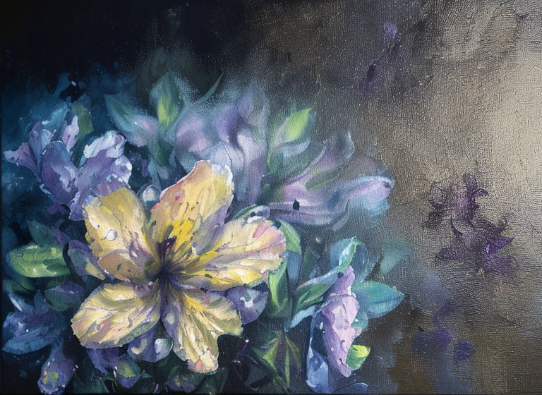 purple and yellow abstract impressionist painting of azaleas in bottom left corner of canvas, fade into dark background, water drops on the petals, focus on foreground, thick paint