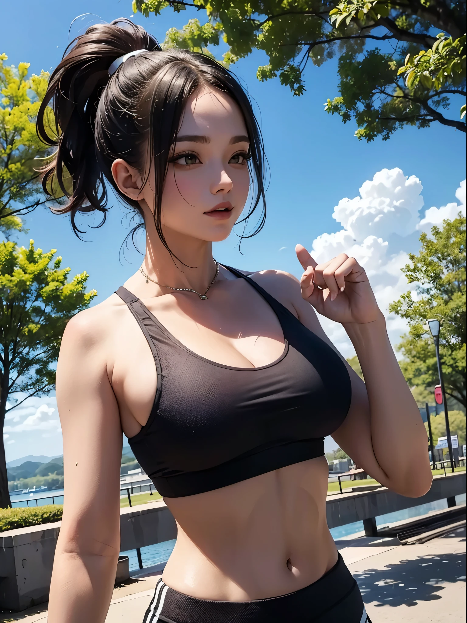 woman, cropped-fc, cleavage, sports bra, detailed face, colorful clothing, park, sky, trees
