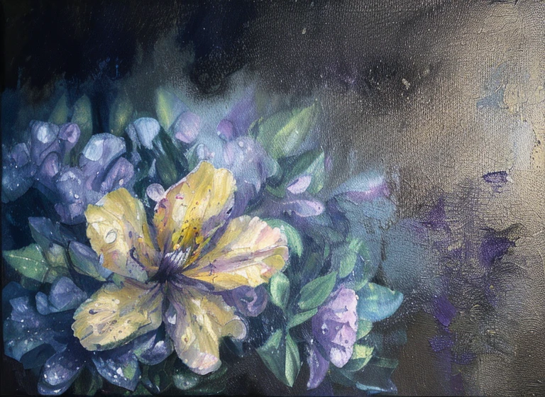 purple and yellow abstract impressionist painting of azaleas in bottom left corner of canvas, fade into dark background, water drops on the petals, focus on foreground, thick paint