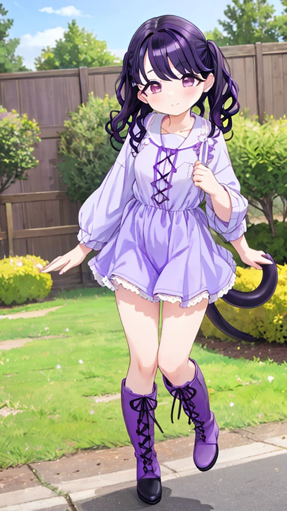 ,whole body,Lace-up boots,Koito Fukumaru, Medium Length Hair, Black Hair, Double tail, Purple Eyes,(((purple Black Hair:1.3)))