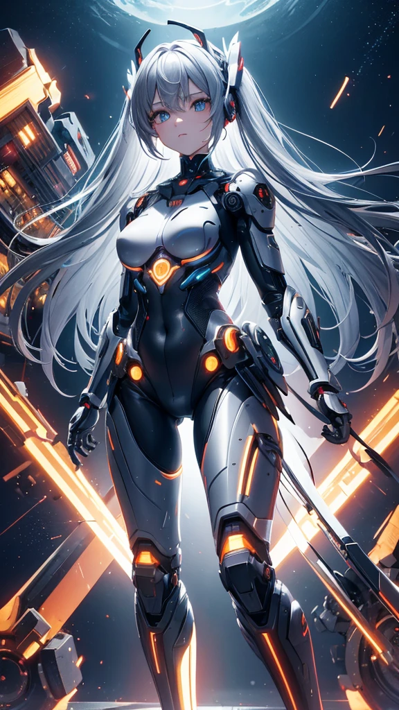 masterpiece, best quality, 8k, anime girl, floating, imponent position, standing in center, tight hightech black bodysuit, no helmet, orange glowing parts, medium grey hair, hazel magnificent eyes, few armored parts, matching parts, extreme detailed, futuristic city background, dusk time, glowing stars in the sky, light crossing behind like a god aura, realistic ilumination.