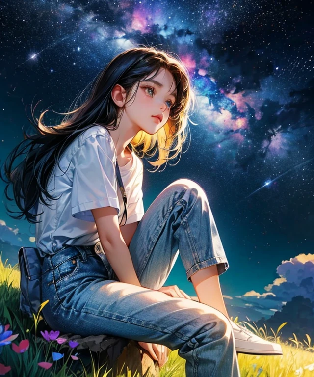 Describes a scene in which a cute girl is sitting on a grassy hill and looking up at the stars。Surround her with colorful nebulae and her favorite constellations。Detailed face、Detailed legs、Detailed hands、White shirt、Wearing denim pants、