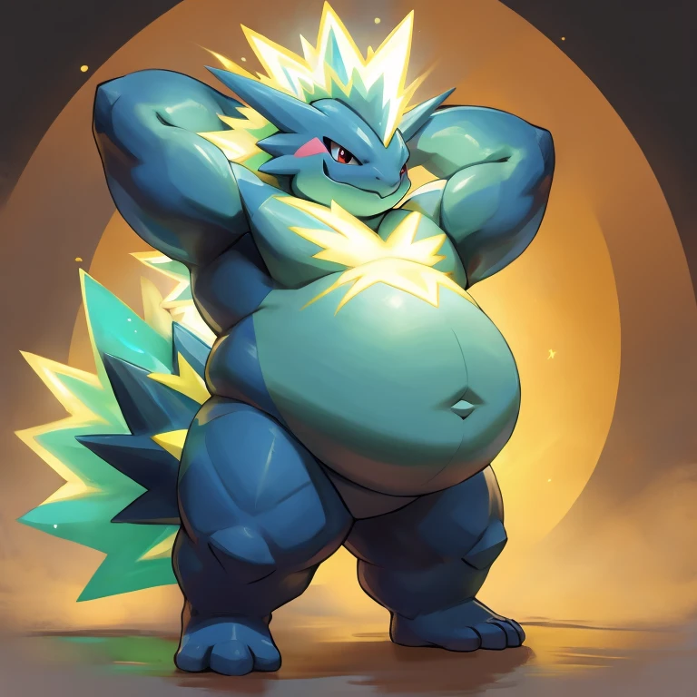 Pokemon Toxtricity, right arm behind head, left hand on hip, , chubby, full belly