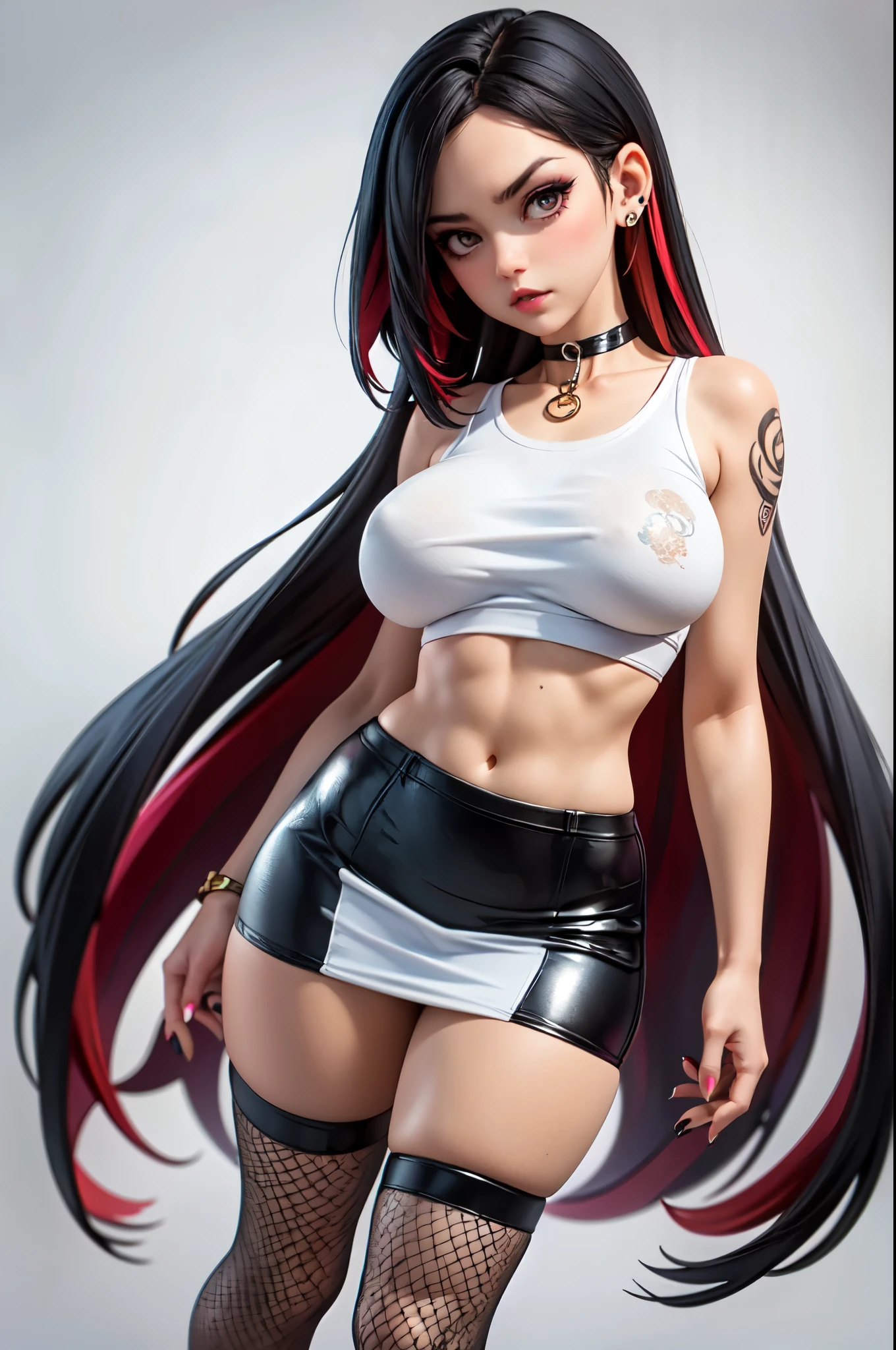 1girl, solo, best quality, expressive eyes, perfect face, bob-wig, huge breast, choker, multicolored_hair, brown eyes, adult woman, milf, (black hair:1.4, red hair ends),indifferent face, sfm, eyebrow piercing, ear piercing, navel, hanging breasts, full body shot, converse, fishnet tights, makeup, dark lipstick, knife-pleat skirt, black nails, arms tattoo, white background, open waist, (perfect symmetrical body), ((black crop top )), side view