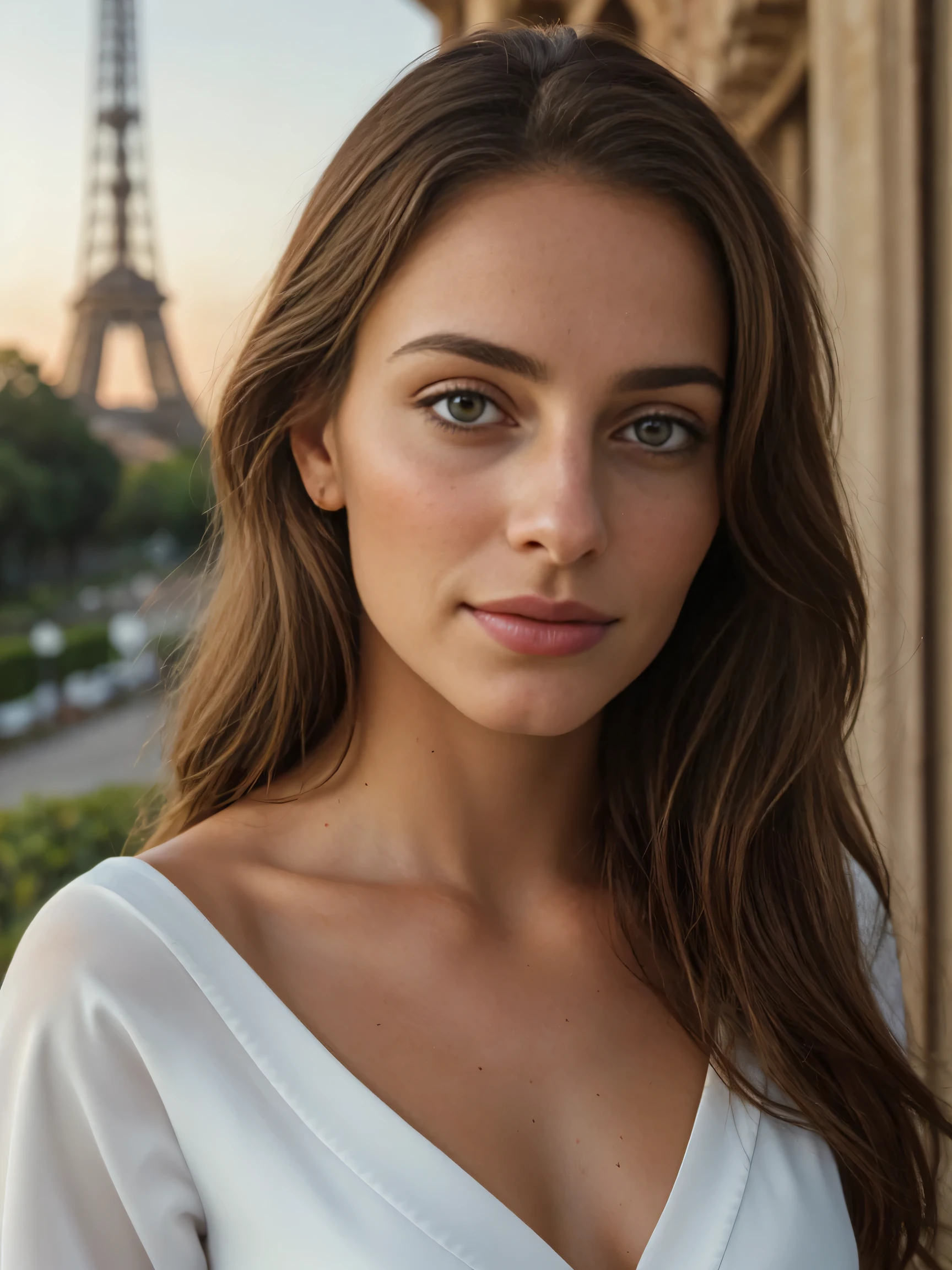 Photo of one beautiful 23 year old girl , Porter is an evening dress with a neckline , Brown Hair ,In France with the Eiffel Tower , Portrait Photography, smile, Looking into the camera , Great lighting, growing up, (Deep Valley), photo shoot, West, (masterpiece), highest quality, High resolution, Highly detailed background, Pore-filled skin, , Cinema lighting completed、Beauty of Spain、Brazilian beauty、Ukrainian beauty、Russian beauty、Italian beauty、French beauty、Swedish beauty、Norwegian beauty、beauty of denmark、The beauty of Finland、German beauty、beauty of poland、Czech beauty、Slovak beauty、Hungarian beauty、beauty of romania、The beauty of Bulgaria、Greek Beauty、Turkish Beauty、Lebanese beauty、Egyptian beauty、Moroccan beauty、Ethiopian beauty、The beauty of Kenya、South African beauty、Indian Beauty、Pakistani beauty、The beauty of Bangladesh、The beauty of Sri Lanka、Chinese Beauty、The Beauty of Japan、Korean Beauty、beauty of vietnam、Thai beauty、The beauty of the Philippines、Indonesian beauty、Malaysian beauty、The beauty of Australia、The beauty of New Zealand、beauty of canada、American beauty、Mexican beauty、Colombian beauty、Venezuelan beauty、Argentine beauty、The beauty of Chile、The beauty of Peru、The beauty of Cuba、The beauty of Jamaica、The beauty of the Bahamas、Beauty of Spain,Beautiful Face、Figure skater、Upper Body