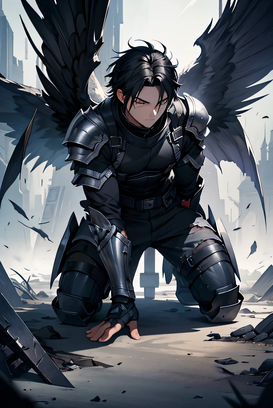 man with black hair, silver eyes and protective armor, on the knees, dark nebula background, real torn wings of large span, faded clothes under armor, seriously injured, not a perfect face