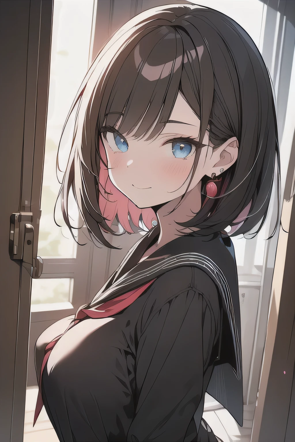 (best quality), (Super detailed), (Best Illustration), (masterpiece), insane detail, score_9, score_8_up, score_7_up, 4k, (woman), solo, (from side), (selfie:1.2), (serafuku), (large breasts:1.2), {brown hair, (sideburns), (bob cut:1.3), curly hair, hairs between eyes, colored inner hair}, {(detailed eyes), blue eyes}, light smile, (closed mouth:1.2), blush, earring, wind, classroom