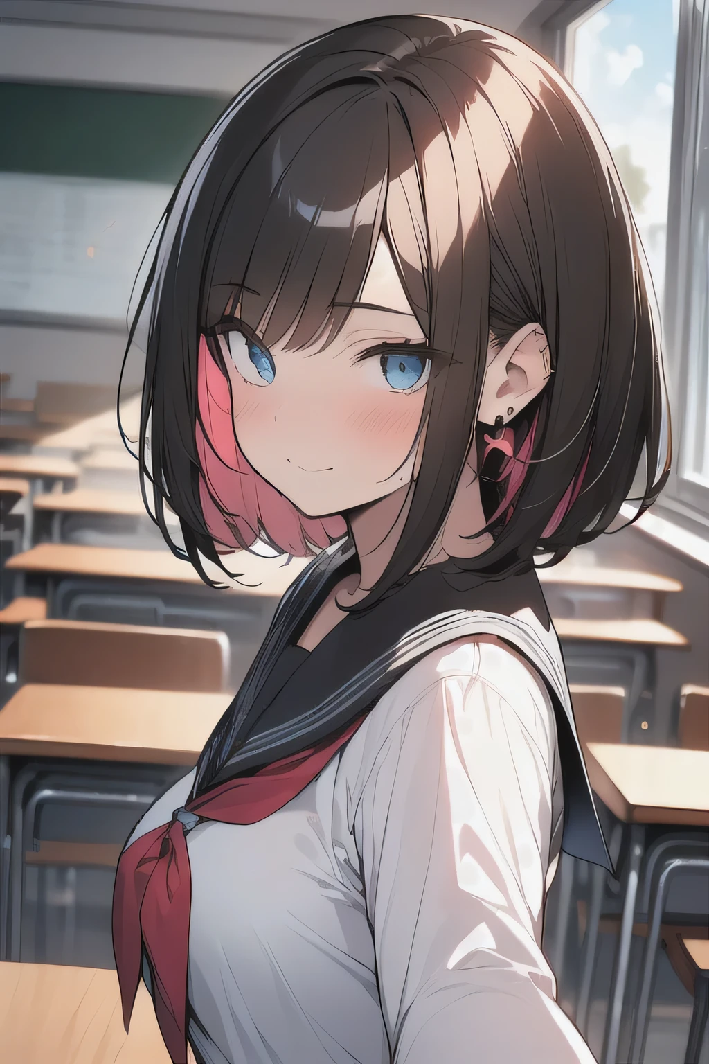 (best quality), (Super detailed), (Best Illustration), (masterpiece), insane detail, score_9, score_8_up, score_7_up, 4k, (woman), solo, (from side), (selfie:1.2), (serafuku), (large breasts:1.2), {brown hair, (sideburns), (bob cut:1.3), curly hair, hairs between eyes, colored inner hair}, {(detailed eyes), blue eyes}, light smile, (closed mouth:1.2), blush, earring, wind, classroom