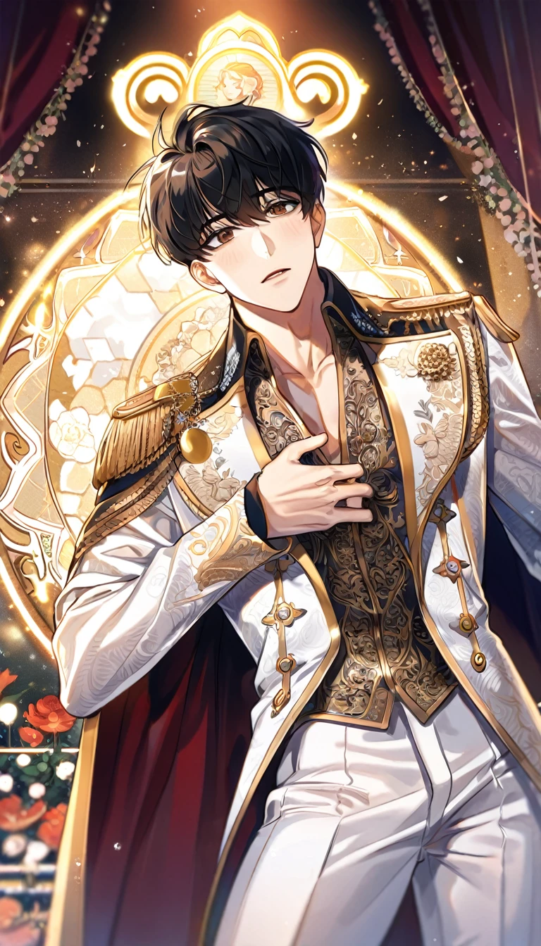 (absurdres, highres, ultra detailed, HDR) master piece, best quality, perfect face, delicated features, Kim Dokja, black hair, expressive brown eyes, Omniscient reader's viewpoint, solo, sexy man, handsome, toned chest, white idol clothes with accessories, patterns, cape, stage, lights, shining, flowers