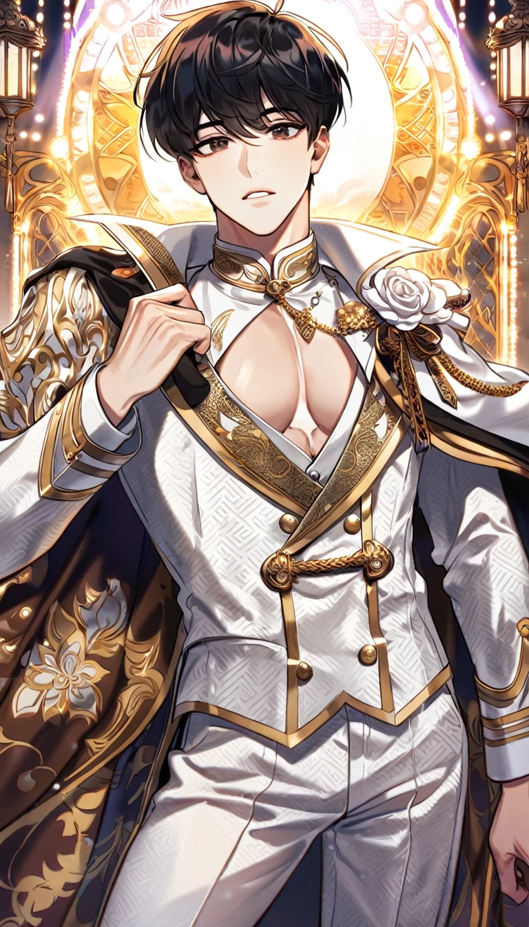 (absurdres, highres, ultra detailed, HDR) master piece, best quality, perfect face, delicated features, Kim Dokja, black hair, expressive brown eyes, Omniscient reader's viewpoint, solo, sexy man, handsome, toned chest, white idol clothes with accessories, patterns, cape, stage, lights, shining, flowers