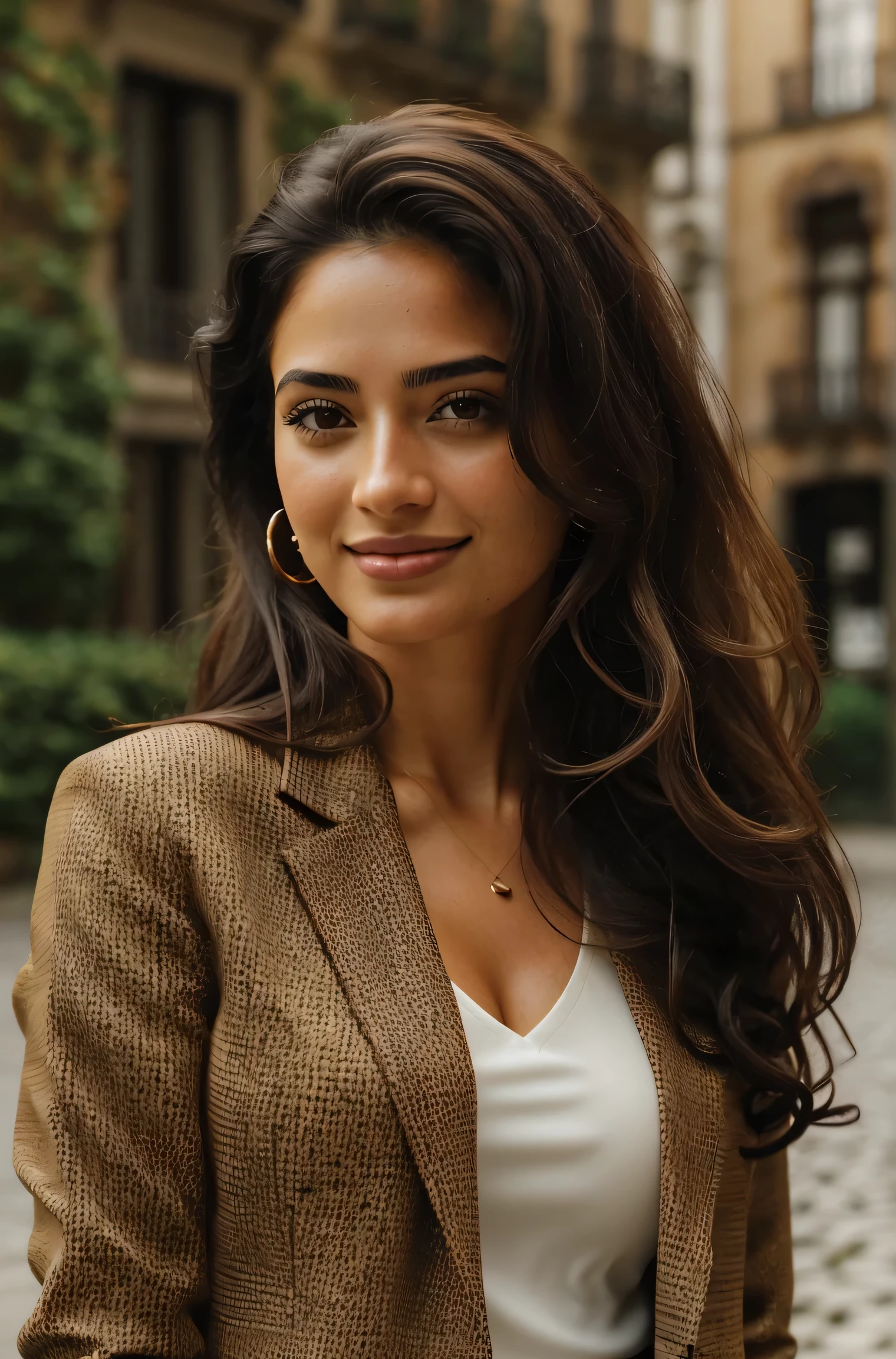 1 adult female, Long Hair, Curly Hair, Black hair color, Smooth Skin, Brown eyes, With a smile, Vegetation, time々, Businesswoman style outfit, Light Brown Blazer, Realist, With experience in fine dining, 8k super Realist, super detalhado e Realist、Beauty of Spain,Beautiful Face、Figure skater、Upper Body