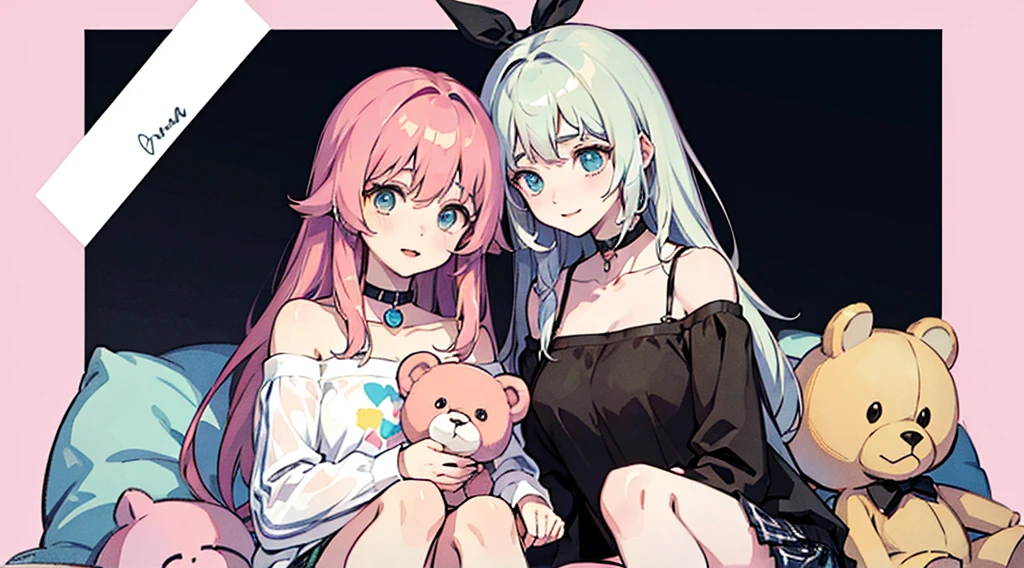 an anime-style illustration of two girls holding teddy bears. The girls should have long hair and wear white blouses with large bows and plaid skirts. The teddy bears should be light brown and look cute. The background should be a light pink color. Add the signature "kei to mo" at the bottom right corner of the illustration.