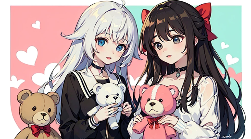 an anime-style illustration of two schoolgirls holding teddy bears. The girls should have long hair and wear white blouses with large bows and plaid skirts. The teddy bears should be light brown and look cute. The background should be a light pink color. Add the signature "kei to mo" at the bottom right corner of the illustration.