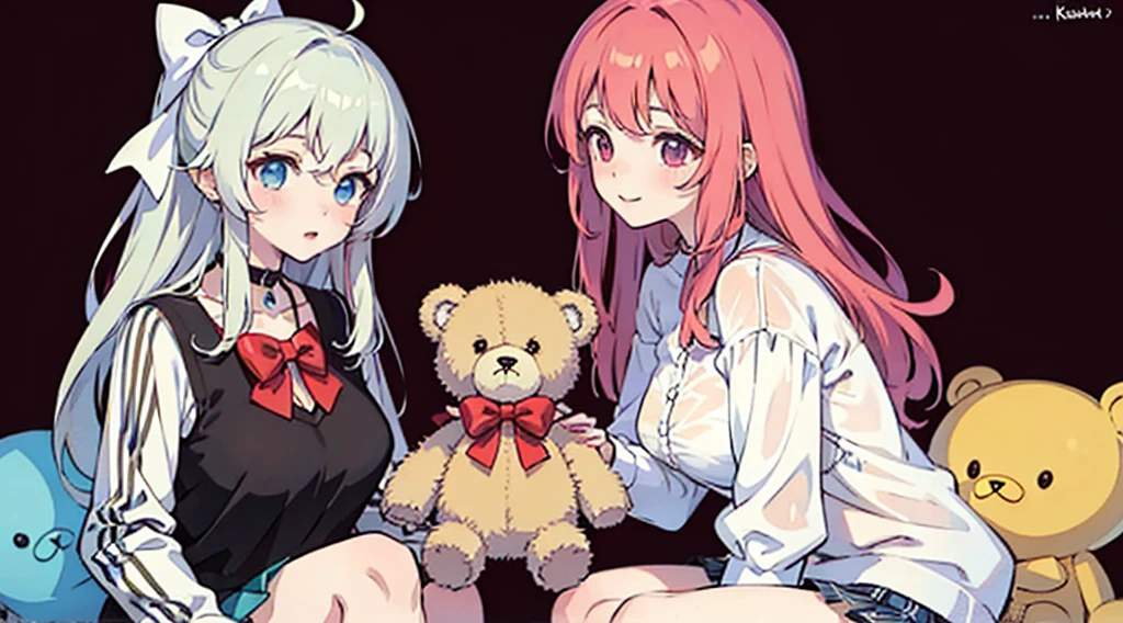 an anime-style illustration of two schoolgirls holding teddy bears. The girls should have long hair and wear white blouses with large bows and plaid skirts. The teddy bears should be light brown and look cute. The background should be a light pink color. Add the signature "kei to mo" at the bottom right corner of the illustration.