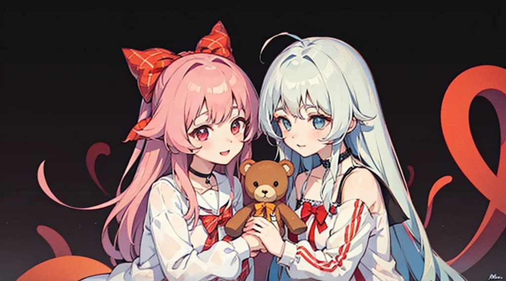 an anime-style illustration of two schoolgirls holding teddy bears. The girls should have long hair and wear white blouses with large bows and plaid skirts. The teddy bears should be light brown and look cute. The background should be a light pink color. Add the signature "kei to mo" at the bottom right corner of the illustration.