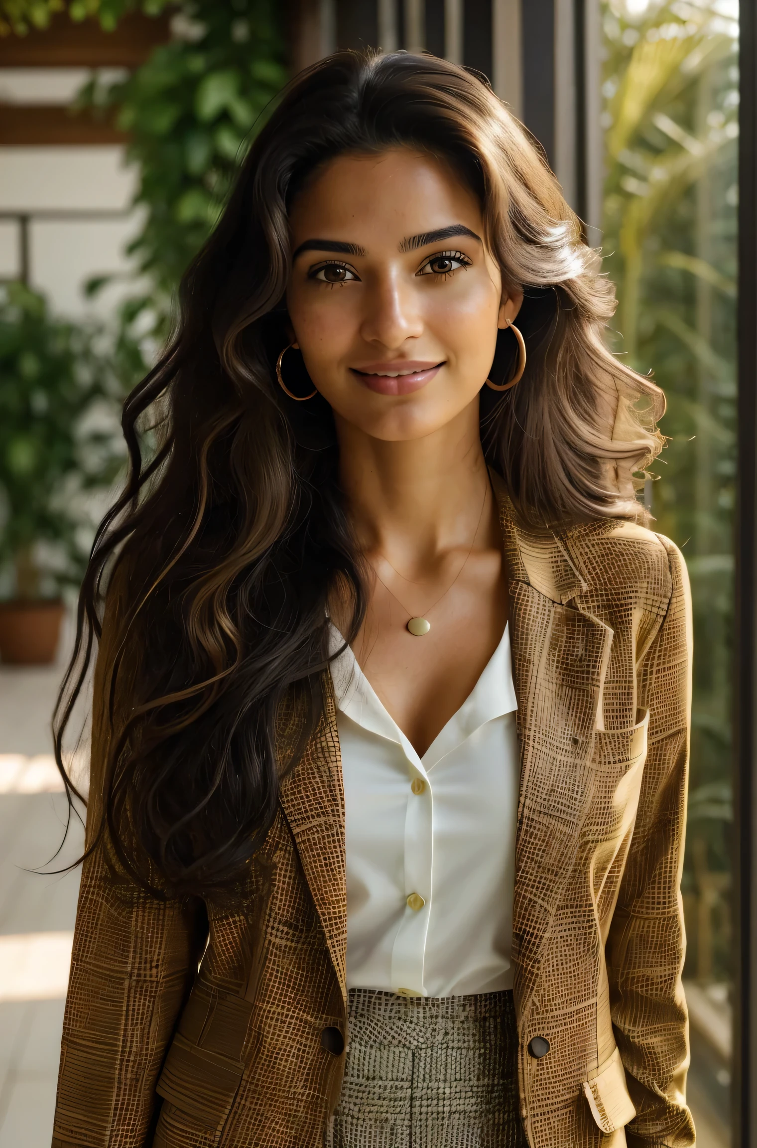 1 adult female, Long Hair, Curly Hair, Black hair color, Smooth Skin, Brown eyes, With a smile, Vegetation, time々, Businesswoman style outfit, Light Brown Blazer, Realist, With experience in fine dining, 8k super Realist, super detalhado e Realist、Beauty of Spain,Beautiful Face、Figure skater、Upper Body