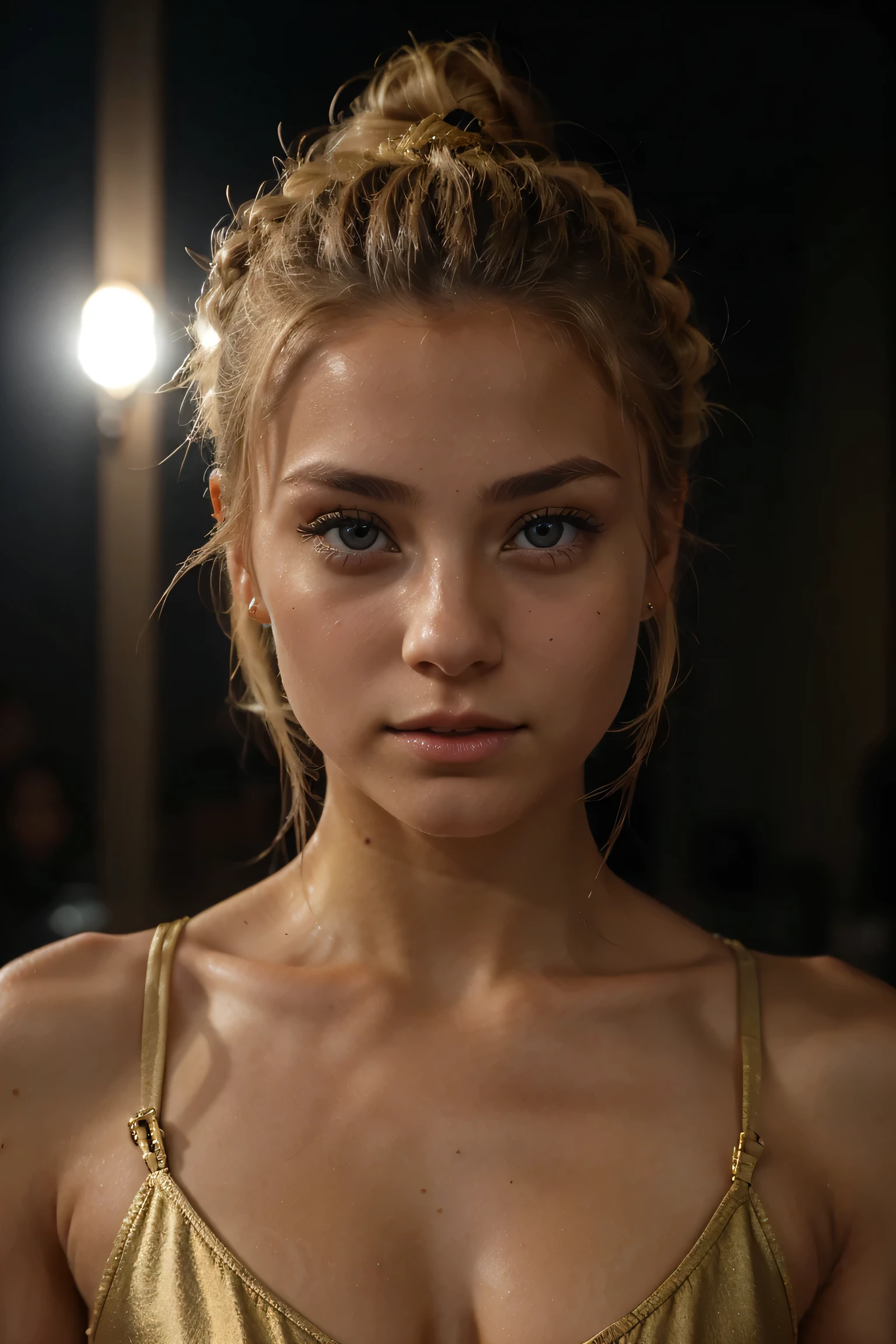 "eye contact, Blonde hair bun, Dark Theme"、Beauty of Spain,Beautiful Face、Figure skater、Upper Body