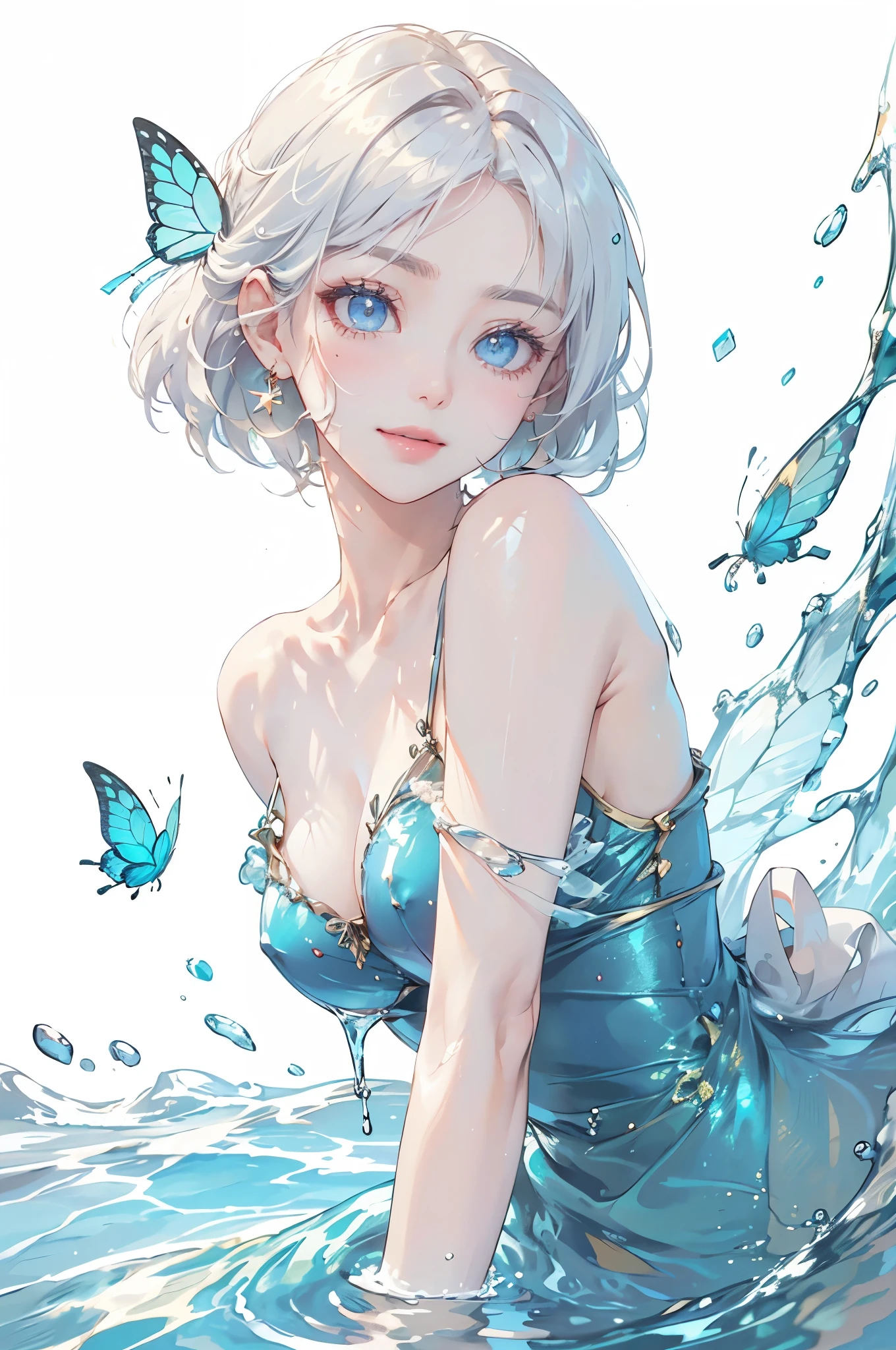 (masterpiece、highest quality、highest quality、Beautiful and beautiful:1.2)、(Good anatomy:1.5)、Focus on the eyes、whole body，See-through，Milky white hair girl、Transparent butterfly liquid costume、water，water，waterのティアラ，waterの蝶の羽，Adorable smile、looking at the camera、Diffuse reflection of light、waterの光、waterの花、waterのブーケ