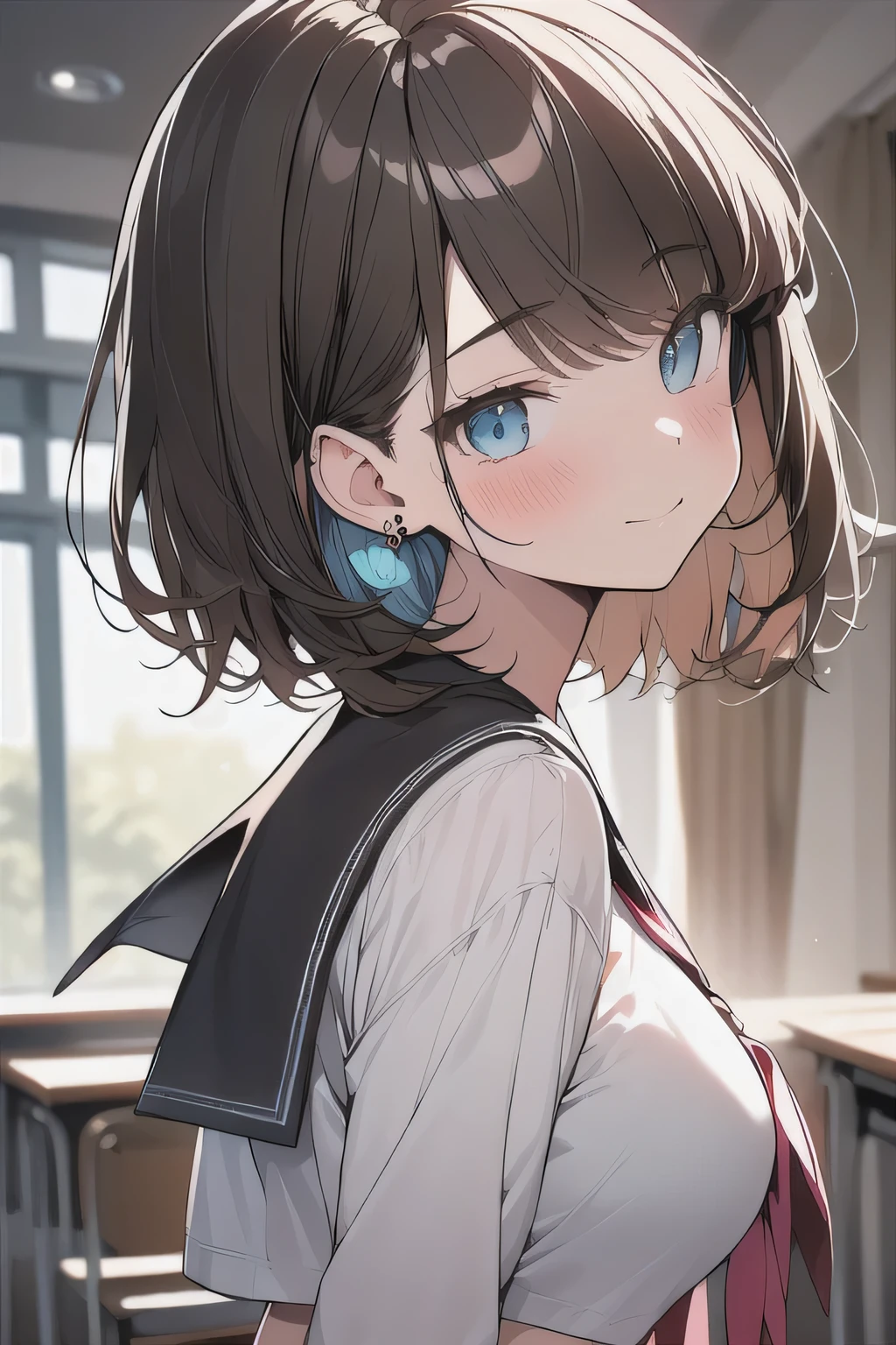 (best quality), (Super detailed), (Best Illustration), (masterpiece), insane detail, score_9, score_8_up, score_7_up, 4k, (woman), solo, (from side), (serafuku), (large breasts:1.2), {brown hair, (sideburns), (bob cut:1.3), curly hair, hairs between eyes, colored inner hair}, {(detailed eyes), blue eyes}, light smile, (closed mouth:1.2), blush, earring, wind, classroom