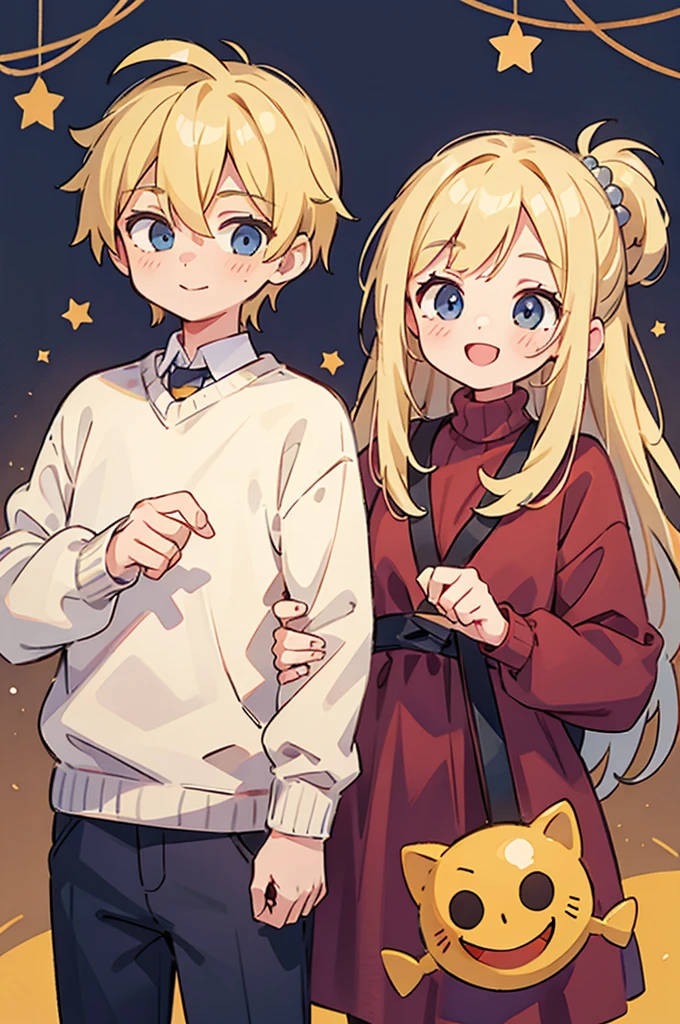 Blonde long hair, 1 Girl, 1 boy, couple, sweater, Smiley Face, Beautiful background