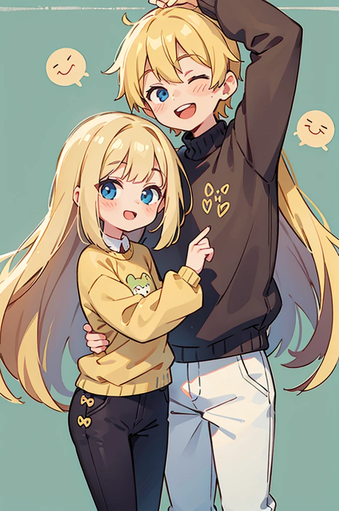 Blonde long hair, 1 Girl, 1 boy, couple, sweater, Smiley Face, Beautiful background