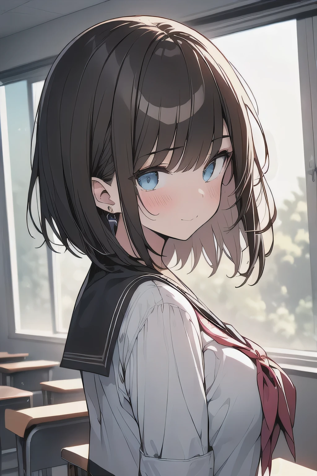 (best quality), (Super detailed), (Best Illustration), (masterpiece), insane detail, score_9, score_8_up, score_7_up, 4k, (woman), solo, (from side), (serafuku), (large breasts:1.2), {brown hair, (sideburns), (bob cut:1.3), curly hair, hairs between eyes, colored inner hair}, {(detailed eyes), blue eyes}, light smile, (closed mouth:1.2), blush, earring, wind, classroom