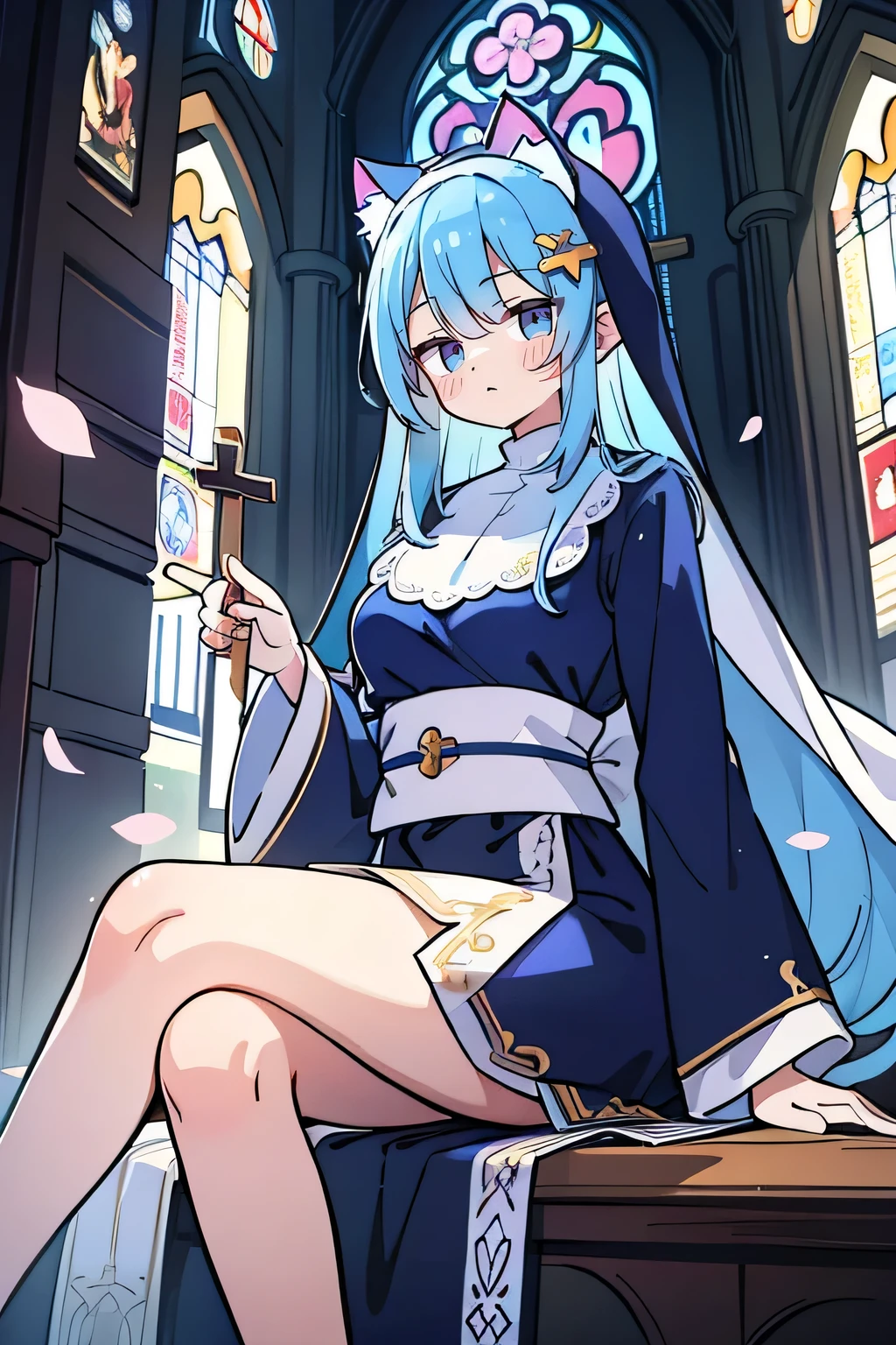 (masterpiece:1.2),Extremely detailed,Practical,expressive eyes,Fair skin,Perfect face shaping,1 Girl,
Japanese cartoons,Gorgeous blue hair, the long flowing blue hair,Floating clothes,Cat ears,Petals fall,beautiful lola,Young Angel,
Place your hands on your waist,sit elegantly on the ground,Cross your legs,Gentle and peaceful background,stately church,Nun's Clothes.