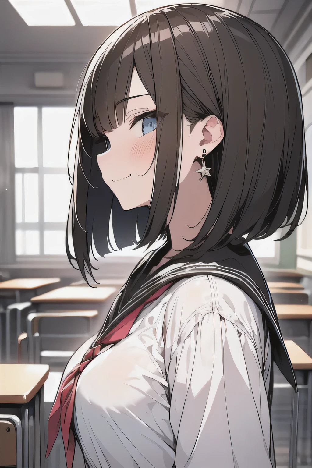 (best quality), (Super detailed), (Best Illustration), (masterpiece), insane detail, score_9, score_8_up, score_7_up, 4k, (woman), solo, (from side), (serafuku), (large breasts:1.2), {brown hair, (sideburns), (bob cut:1.3), curly hair, hairs between eyes, colored inner hair}, {(detailed eyes), grin, blue eyes}, light smile, (closed mouth:1.2), blush, earring, wind, classroom
