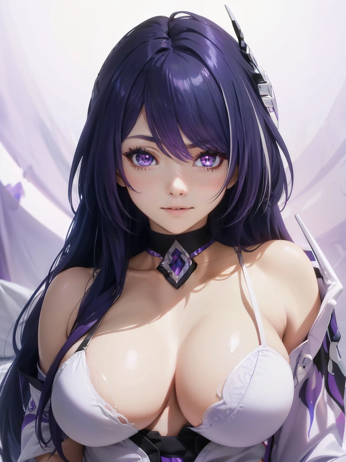 Masterpiece, best quality, highly detailed, highres, 1 girl, long hair, purple hair, purple eyes, left bangs hair covering eye, large breast, white lingerie, white panties, lying, bedroom background, looking at viewers, perfect finger shape, the number of fingers is not excessive, perfect eyes, detailed eyes, fully body shoot,