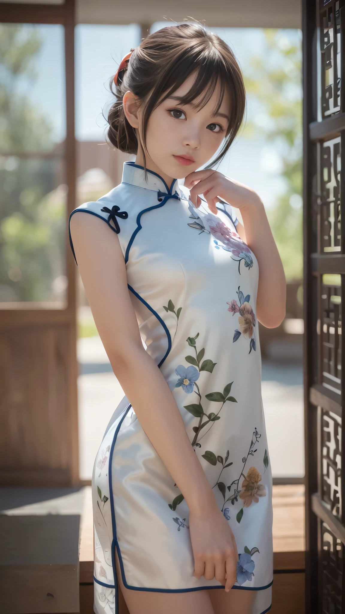 ((highest quality, 8K, masterpiece)), High Resolution, (whole body), beautiful girl, (Cute cheongsam:1.3), (Beautiful small face), Tyndall effect, Dark studio, Rim Light, Two-tone lighting, (High resolutionの肌: 1.2), Ultra HD, Digital SLR, Soft lighting, Volumetric lighting, Candid photos, High resolution, (Photorealistic:1.3), (Accurate Shadows:1.2), (Perfect body), (Detailed eyes and face:1.2), (Anatomically correct hand:1.3), ('s small hand:1.3), (Detailed hands:1.2), (View the viewer:1.3), (Beautiful breasts:1.2)