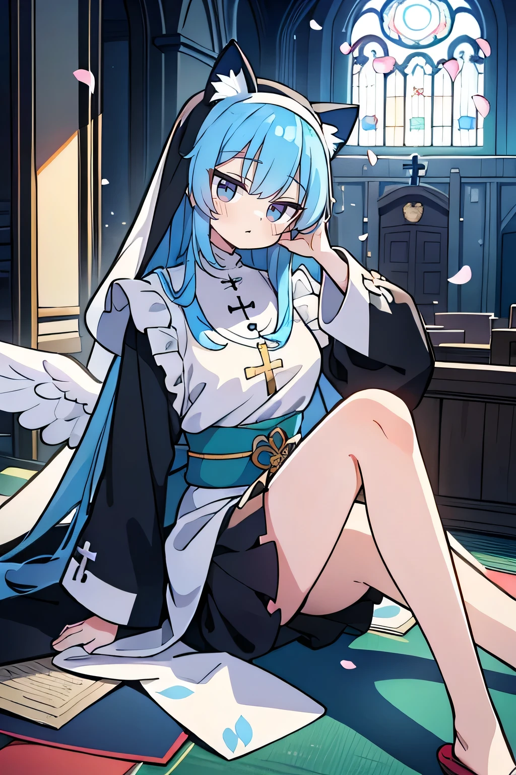 (masterpiece:1.2),Extremely detailed,Practical,expressive eyes,Fair skin,Perfect face shaping,1 Girl,
Japanese cartoons,Gorgeous blue hair, the long flowing blue hair,Floating clothes,Cat ears,Petals fall,beautiful lola,Young Angel,
Place your hands on your waist,sit elegantly on the ground,Cross your legs,Gentle and peaceful background,stately church,Nun's Clothes.