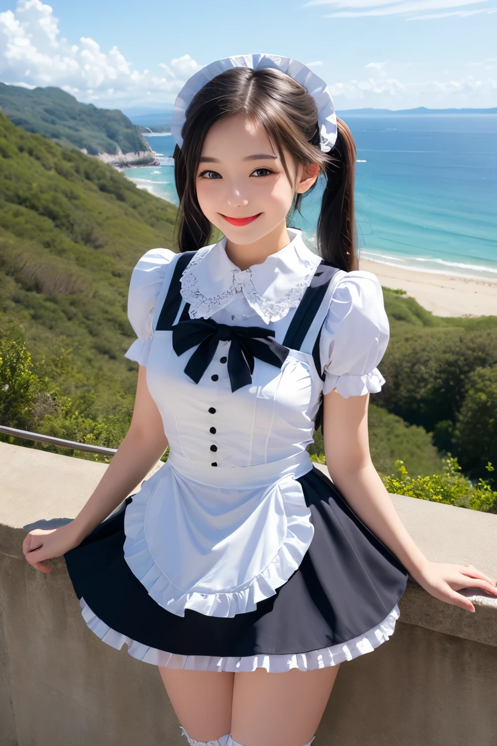 ((Real Photo Quality))、((masterpiece)), ((highest quality、Ultra high definition)), (Very detailed),8K、Photo quality、(((Amazingly cute girl))), 16-year-old girl, (Beautiful emerald blue eyes), ((smile)),Glossy lips、In the open-air bath overlooking the sea, Beautifully arranged black hair in twin tails、Lace fabric ribbon、whole body、((Super high-end white see-through summer gothic lolita maid costume、A super mini skirt with lots of frills))、Professional Lighting、(White lace knee-highore detailed and beautiful)、(More details and cutenesore realistic)、