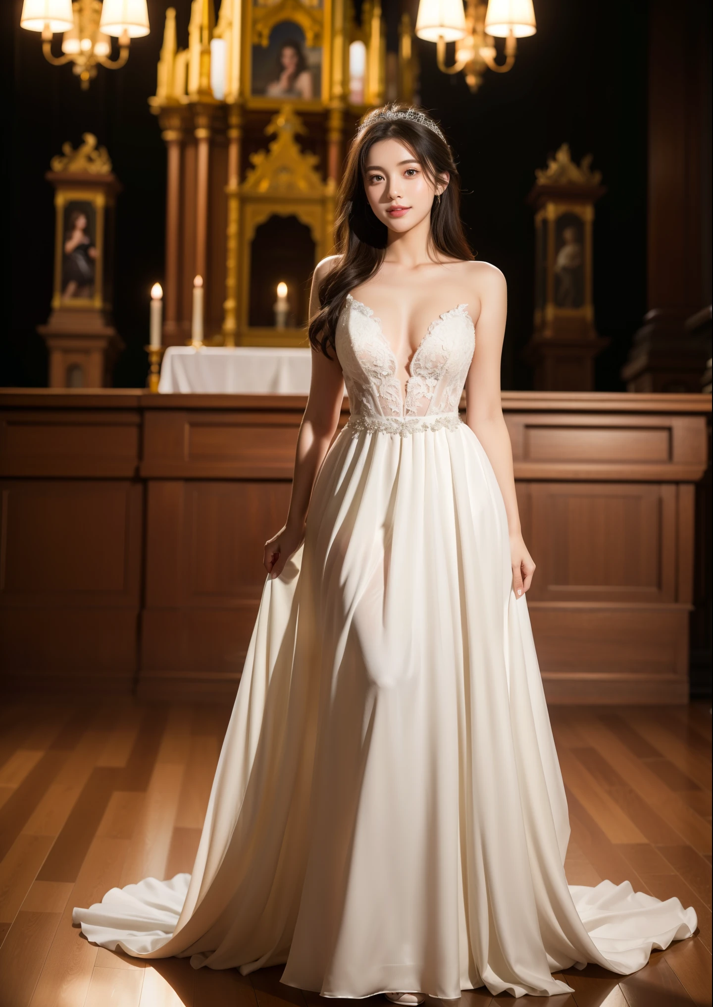 Beautiful 25 year old  woman。She is wearing a wedding dress. She is smiling on illuminated by the evening church lights . romantic sunset. her dark brown hair. High resolution、masterpiece、highest quality、頭w:1.0、((Hasselblad Photos))、fine skin、(movie lighting)、clavicle . full body picture.