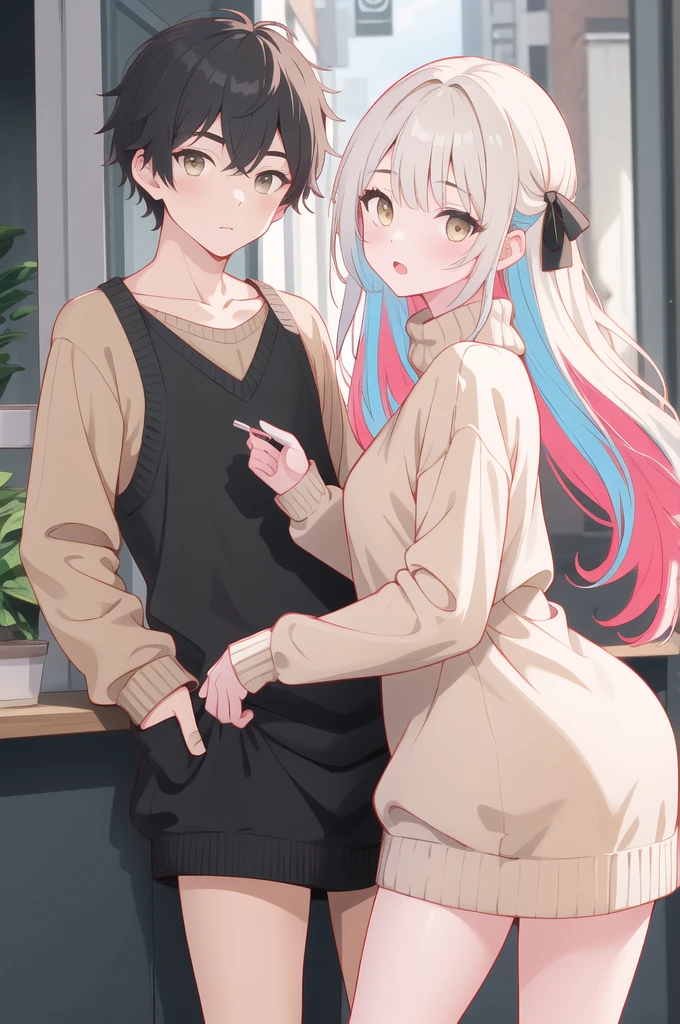 (best quality, masterpiece, highres),boy and girl,boy,girl,multicolored hair,little black dress,beige_sweater,looking at viewer,