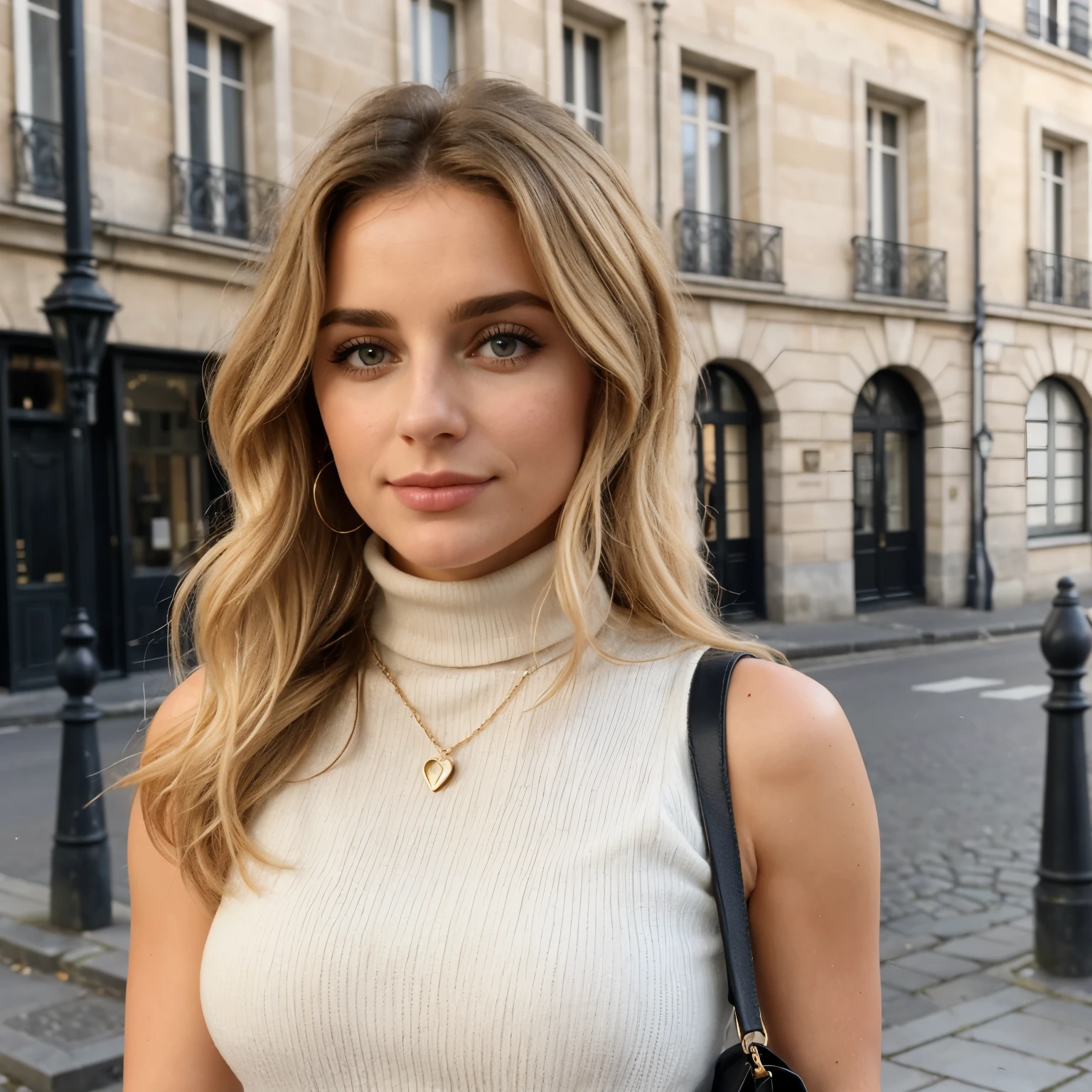 (Best quality), belle femme, de dos qui montre son fessier , sleeveless turtleneck top, pantalon, femme blonde, corps parfait, collier, wavy hair, visage parfait, beau visage, attractive, de grands yeux magnifiques, heureux, (Outside), rues de la ville, couleurs vives