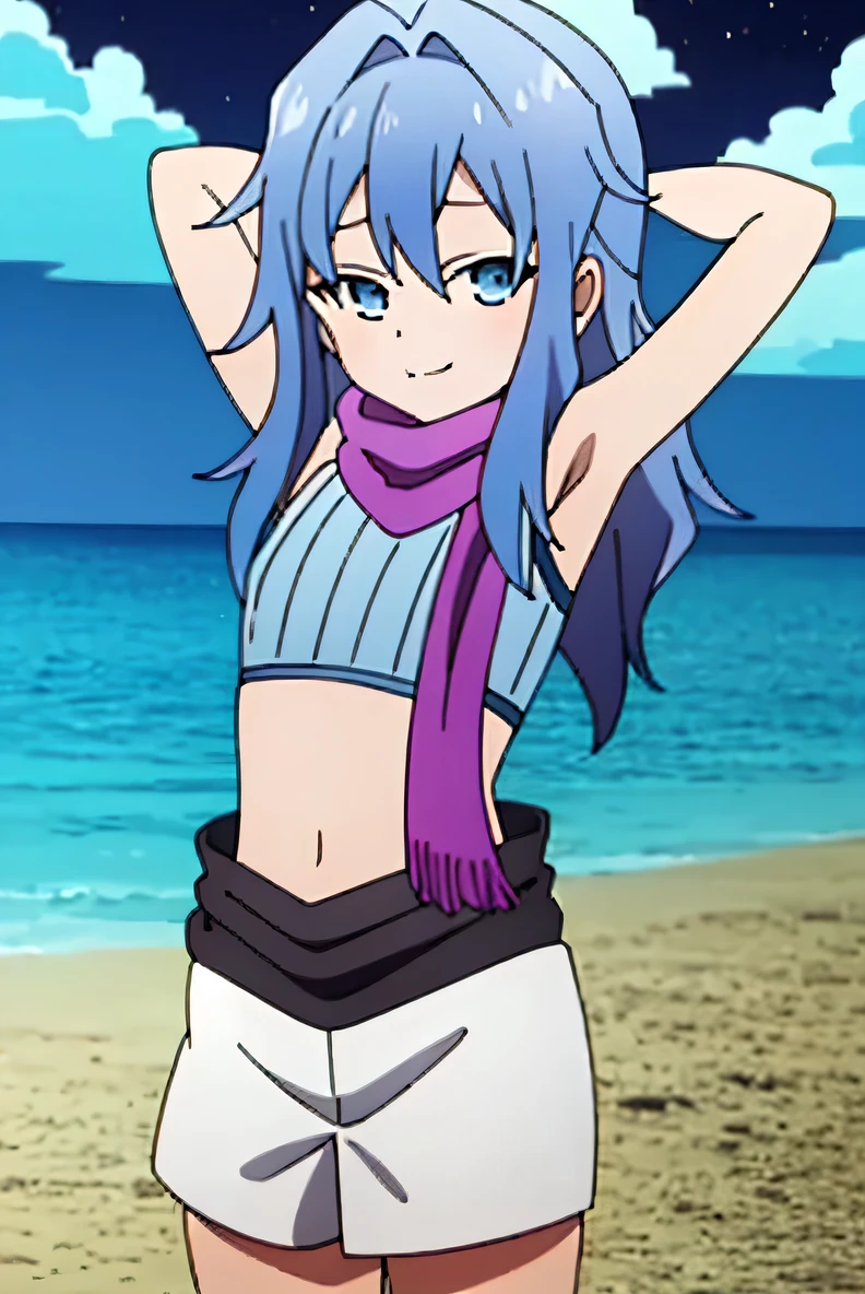 kunoichi_hagi, blue eyes, blue hair, long hair, crop top, sleeveless, purple scarf, shorts, closed mouth, solo, (cowboy shot:1.5), night sky, beach, arms behind head, contrapposto, spread armpits, looking at viewer, best quality, smile
