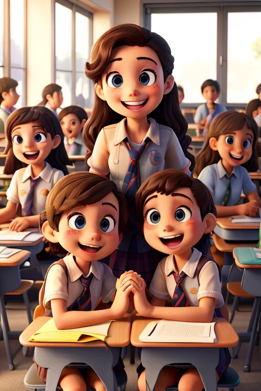 a group of different students at school laughing with each other, all holding hands, united and happy. They respect each other and are friends.Happy face expressions. Tidy classroom, bright room. Straight eyes.