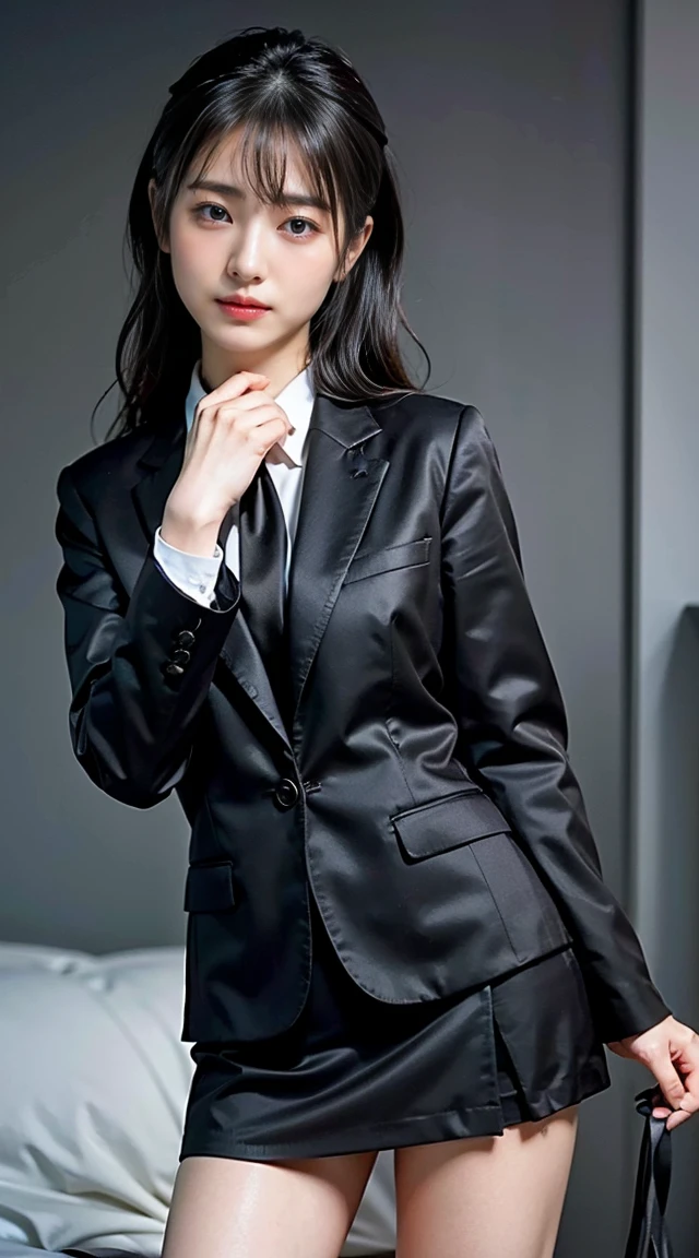 (8k、RAW Photos、highest quality、masterpiece:1.2)、(Realistic、Realistic)、1 girl、((Black business suit、Black jacket、Black mini skirt、White dress shirt、look forward to、))、Lots of eyelashes、Add shine to your eyelids、skeletally correct、Sweaty body、Beautifully trimmed fingertips、smile、
