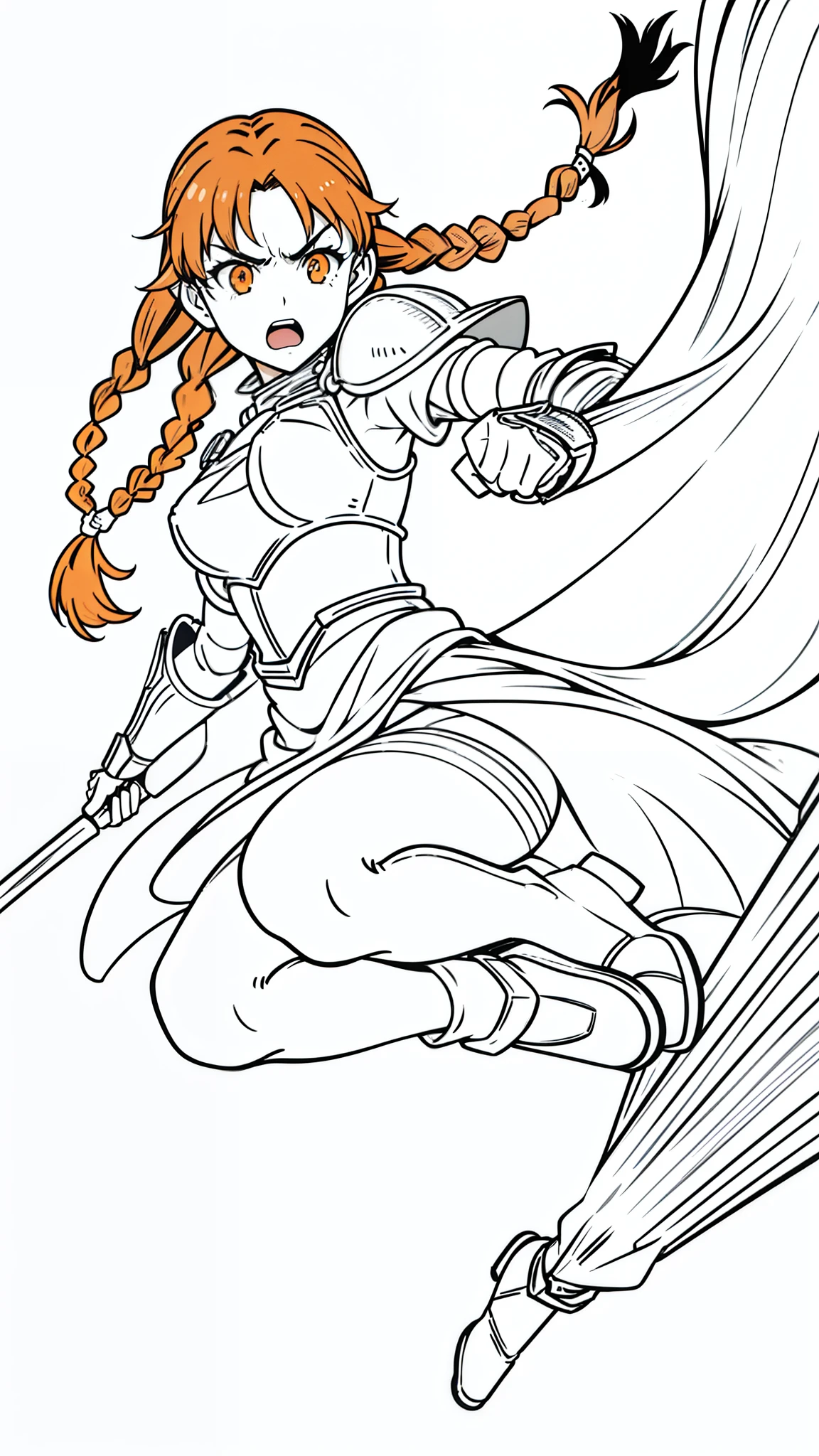 (1girl,20 years old,mature female,solo),tiger ears,long hair,(twin braids),orange hair,knight armor,(white background,line drawing),open mouth,cinematic,black pantyhoses,jumping,angry,looking down,head down