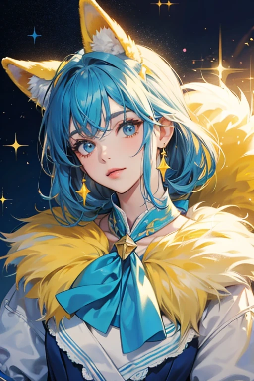 wears a blue kerchief around neck , yellow fur,  SPARKLE; GLITTER