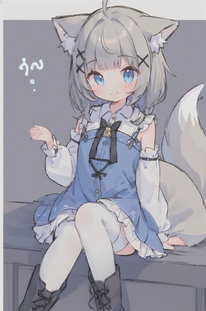 1 Girl, Solitary, Bangs, blue eyes, Hair accessories, x Hair accessories, bow, Fox ears, Fox Tail, Gray hair, flat chest, Blue Dress, White boots, Black over-the-knee stockings, Separate sleeves, Collared shirt, Wrist sleeves, Smile,