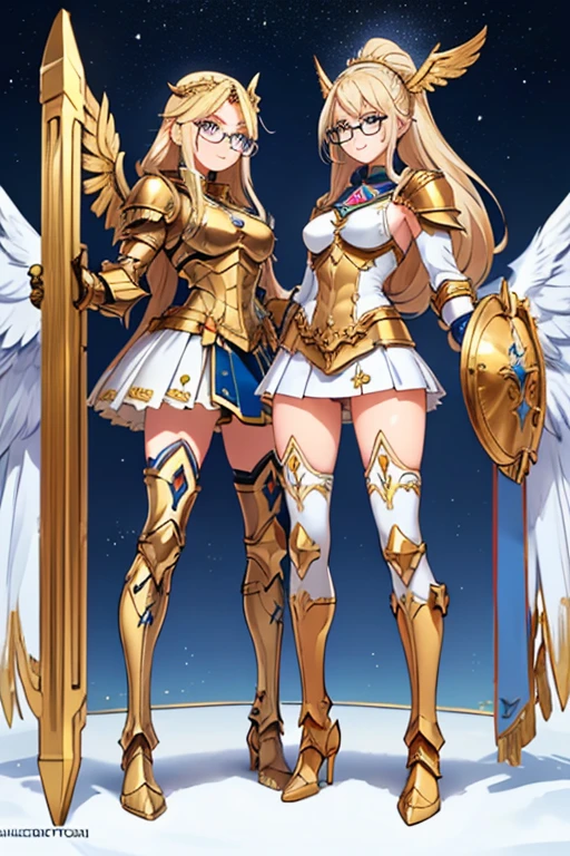 female, blonde long hair in ponytail, blue eyes, (((1girl))), (((gold metal valkyrie armor with white trim))), (white skirt), (white thigh high socks), (gold metal knee high heeled boots), (gold metal helm), (glasses), demon tail, demon wings, cute and sexy, full body, modest breasts, modest butt, long legs, smiling