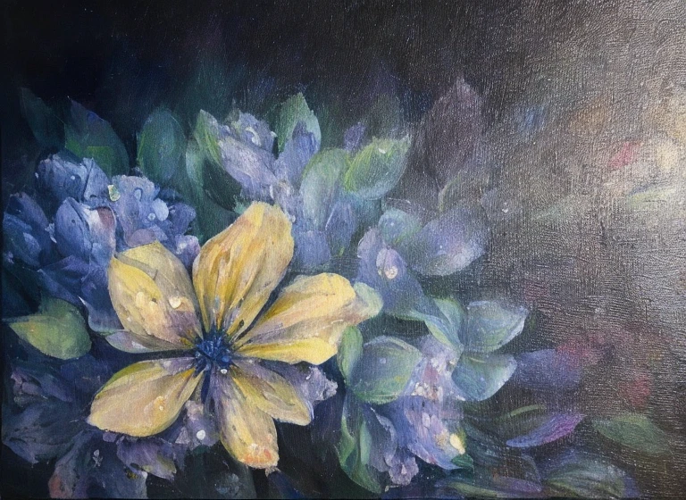 purple and yellow abstract impressionist painting of azaleas in bottom left corner of canvas, fade into dark background, water drops on the petals, focus on foreground, thick paint