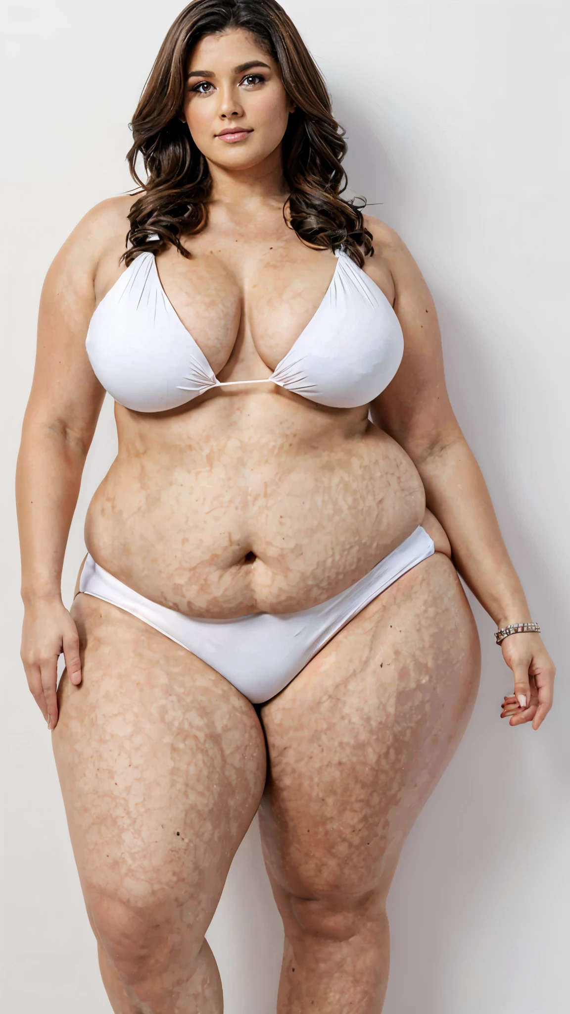 style:photo | Alltotal Body Photo Of  glamour Woman, as a 35_old woman, big breast  Jumbo breast  sexy, fat  straight_hair, Izrael Syria woman  standing、preppy,viewed_from_distance, full_body, wide_angle view, entire_body_in_view、fat girl、one person、Fat belly、Thick body、Full body portrait、Standing on tiptoes、Stand with your feet shoulder-width apart、Stand with your hands on your hips、Stand facing forward、Simple white background、Blank white background、Big belly、Thick waist、Blank background、Competitive swimmer、Swimwear、Micro Bikini、Light pink swimsuit、High heels、Bikini with small cloth area、Brown Hair、Short Hair、、