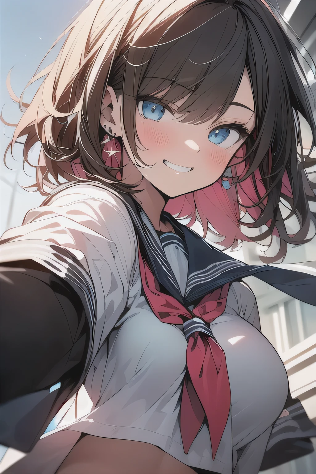 (best quality), (Super detailed), (Best Illustration), (masterpiece), insane detail, score_9, score_8_up, score_7_up, 4k, (woman), solo, (from below), (selfie:1.2), (serafuku), (large breasts:1.2), {brown hair, (sideburns), (bob cut:1.3), curly hair, hairs between eyes, colored inner hair}, {(detailed eyes), grin, blue eyes}, seductive smile, (closed mouth:1.2), blush, earring, wind, station