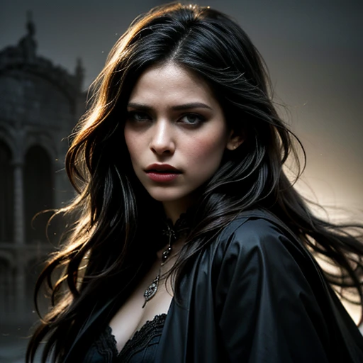 highest quality,Super detailed,Realistic,Black and White,photograph,Low Key Lighting,Fine feathers,Sharp focus,Gloomy atmosphere,Dramatic Shadows,Contrast,texture,Glamorous decoration,Fine Art Prints,High resolution,Monochrome,Impressive composition,Exquisite detail,high Contrast lighting,Forever Young々A beautiful vampire with a beautiful appearance、(Black and White:1.5)、Detailed eye and nose features、Captivating eyes、Graceful Movement、Ethereal atmosphere、Gothic style、White skin、Black flowing hair、Elegant attire、Hauntingly beautiful、Mysterious and fascinating presence、Dramatic lighting