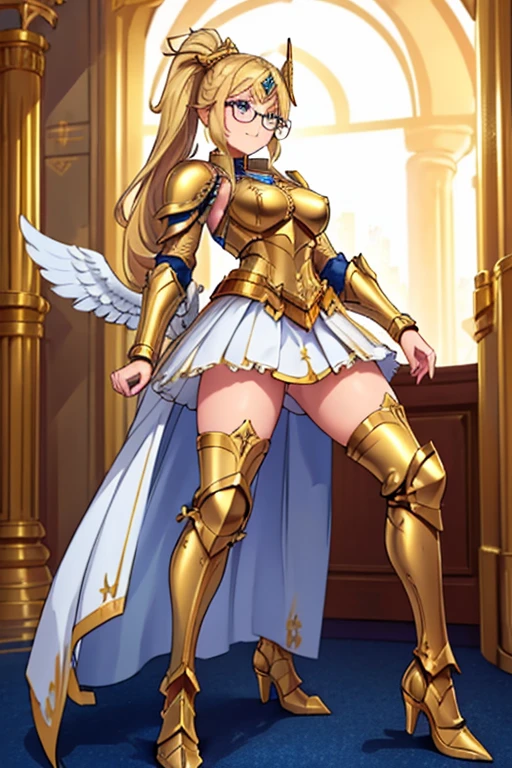 female, blonde long hair in ponytail, blue eyes, (((1girl))), (((gold metal valkyrie armor with white trim))), (white skirt), (white thigh high socks), (gold metal knee high heeled boots), (gold metal helm), (glasses), demon tail, demon wings, cute and sexy, full body, modest breasts, modest butt, long legs, smiling
