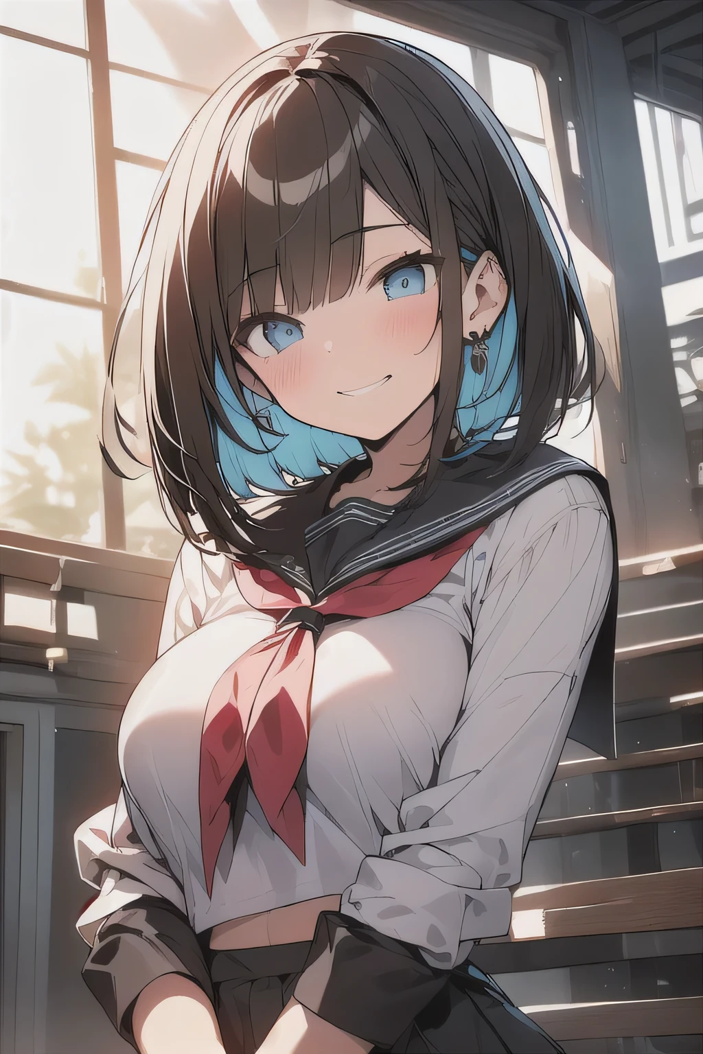 (best quality), (Super detailed), (Best Illustration), (masterpiece), insane detail, score_9, score_8_up, score_7_up, 4k, (woman), solo, (from below), (selfie:1.2), (serafuku), (large breasts:1.2), {brown hair, (sideburns), (bob cut:1.3), curly hair, hairs between eyes, colored inner hair}, {(detailed eyes), grin, blue eyes}, seductive smile, (closed mouth), blush, earring, wind, station